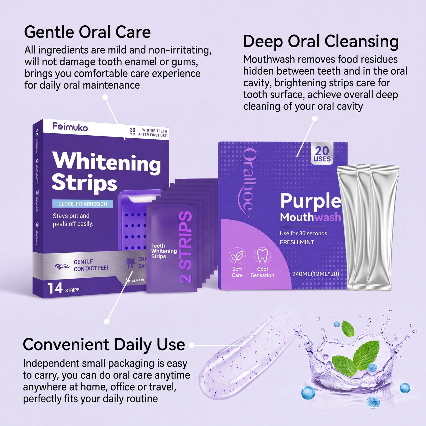 Purple Teeth Brightening Strips & Mouthwash Dental Kit