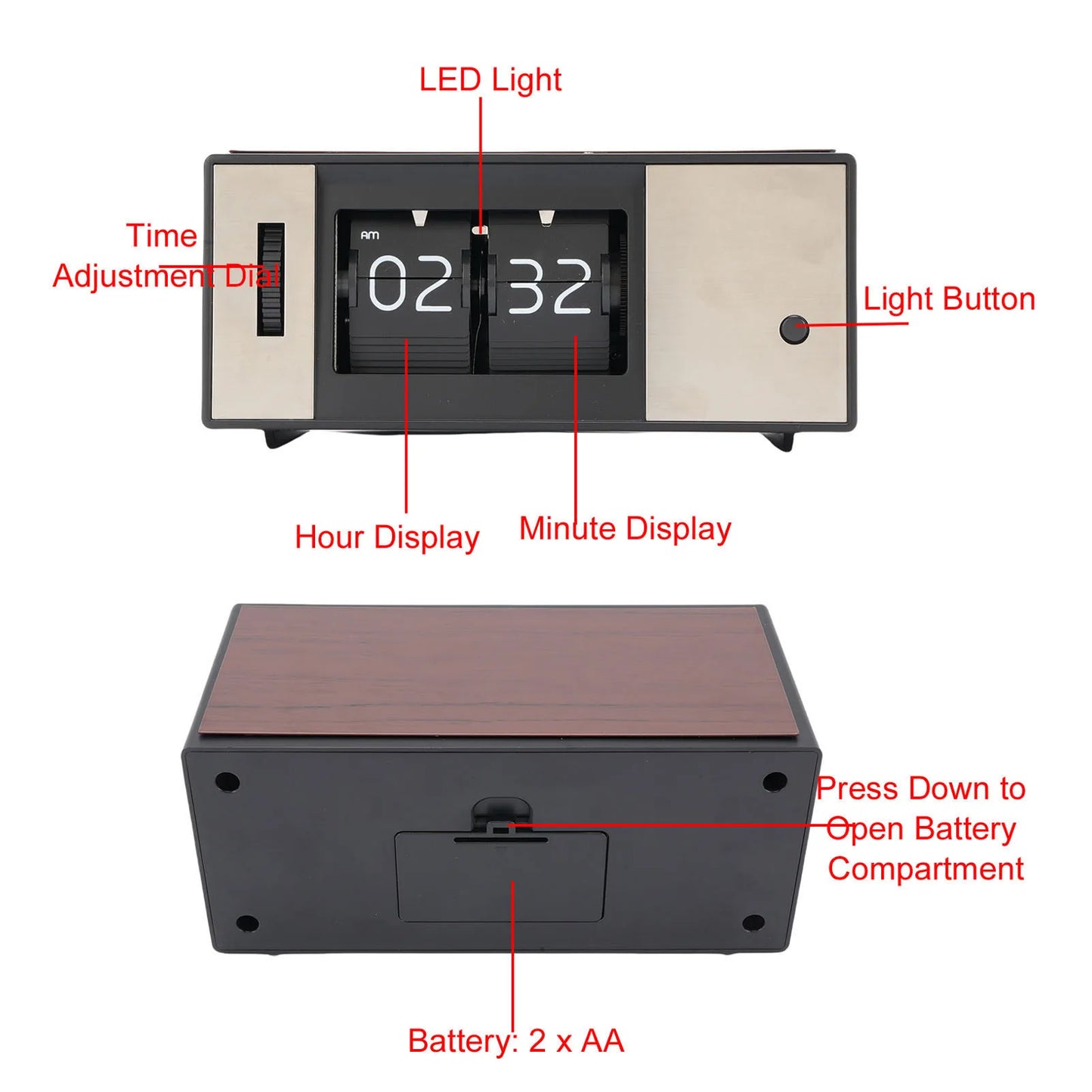 Retro Digital Mechanical Flip Down Clock Auto Desk LED Light Battery
