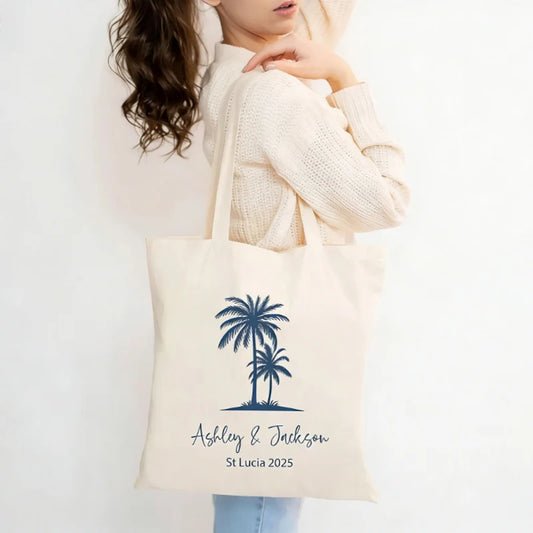Personalized Palm Tree Canvas Tote Bag | Bachelorette Beach Gift Personalized Tote Bag Peaceful Pleasures Health and Wellness