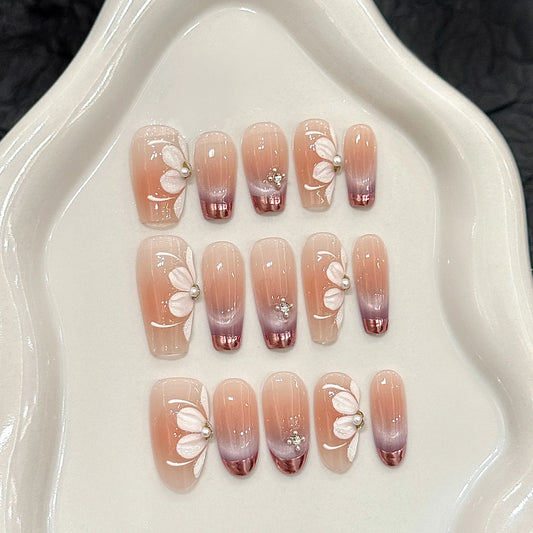 10pcs Handmade Press on Nails Sweet Petal Print French Cat Eye Fake Nails Wearable Spring Summer Korean Sweet Fake Nails Peaceful Pleasures Health and Wellness