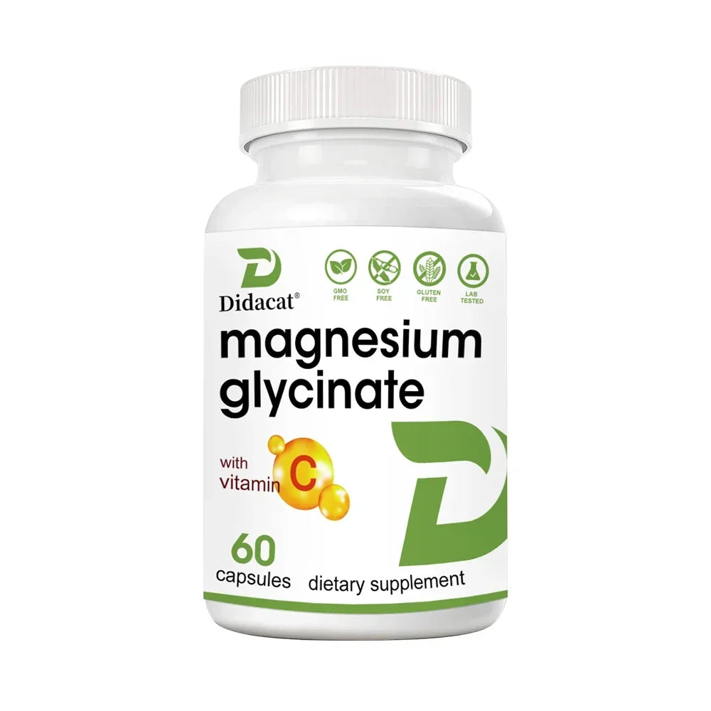 Magnesium Glycinate Capsules with Vitamin C, High Absorption, Supports Muscle Relaxation Nerve Bone & Heart Health, Antioxidant Peaceful Pleasures Health and Wellness 60 count-1 bottle