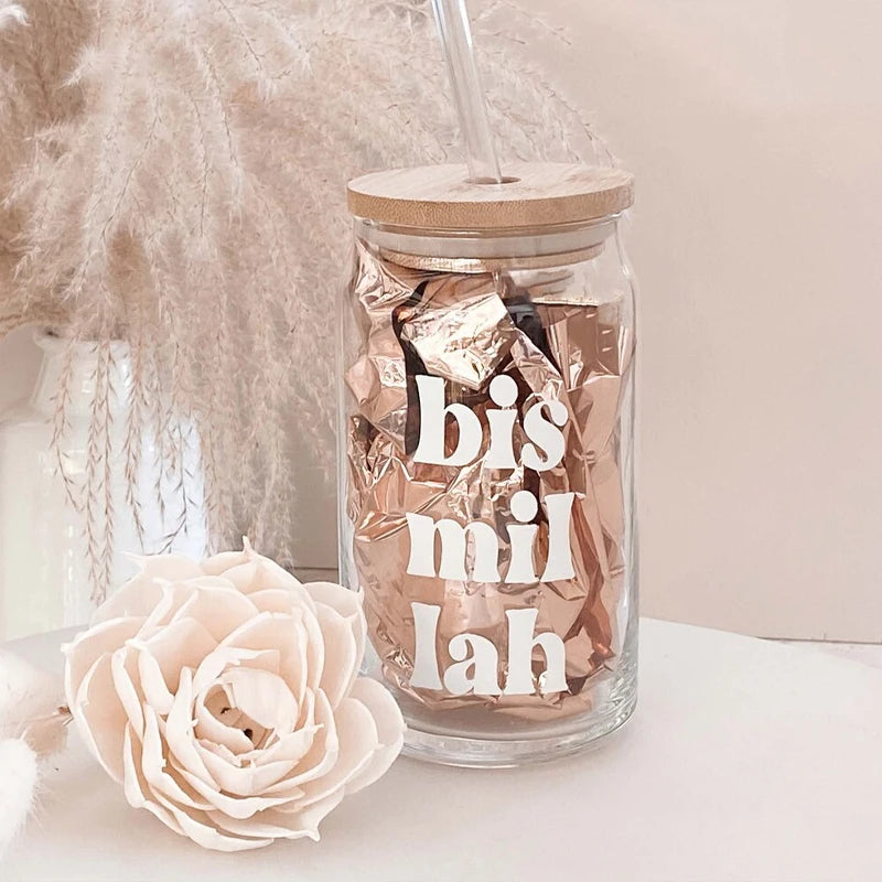 Bismillah Glass Can Cup with Lid & Straw | Eid Ramadan Gift Glass Can Cup Peaceful Pleasures Health and Wellness