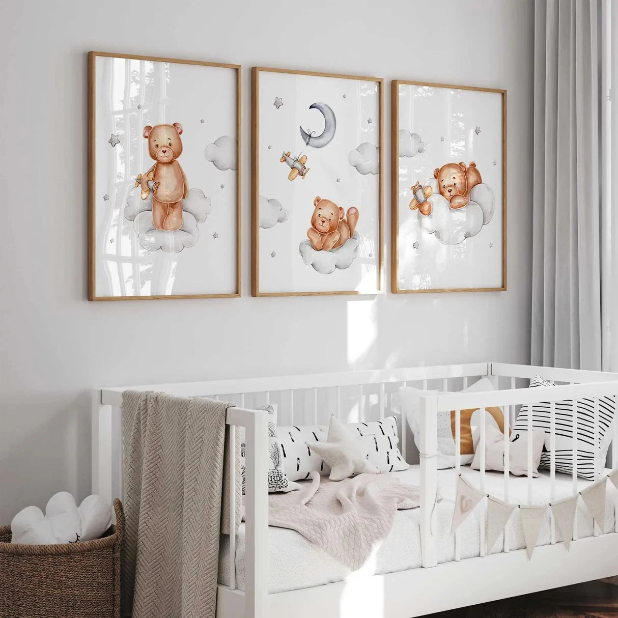 3-Piece Cartoon Bear Airplane Canvas Wall Art | Kids Room Decor