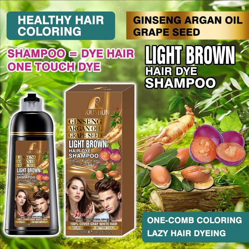 420ml ROUSHUN Light Brown Hair Shampoo Hair dye Ginseng Ginger Hair Dye Nourishing Care Hair Coloring Shampoo3Combination1 Peaceful Pleasures Health and Wellness