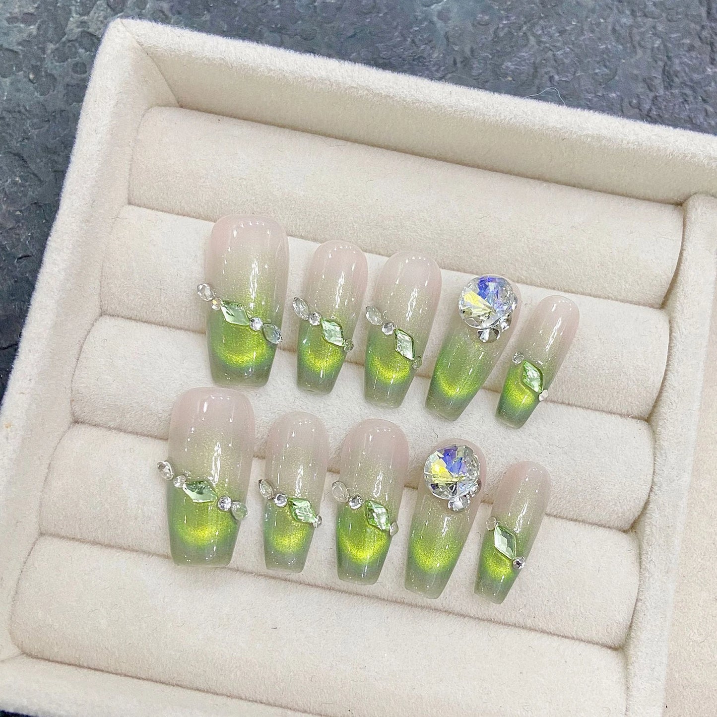Handmade Press on Nails French Green Cat Eye Fake Nails with Rhinestone Design Wearable Detchable Long Ballet Coffin Fake Nails Peaceful Pleasures Health and Wellness