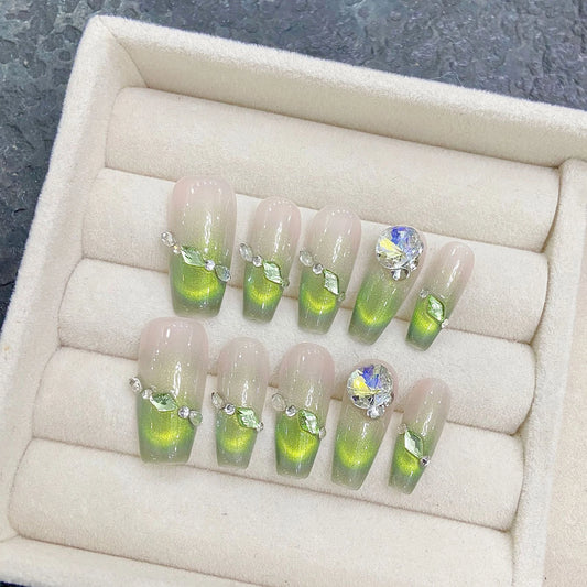 Handmade Press on Nails French Green Cat Eye Fake Nails with Rhinestone Design Wearable Detchable Long Ballet Coffin Fake Nails Peaceful Pleasures Health and Wellness