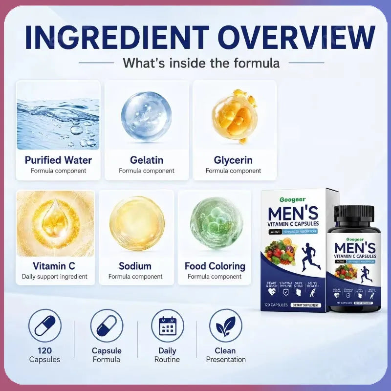 Men's Vitamin C Capsules | Antioxidant Support | 120 Count