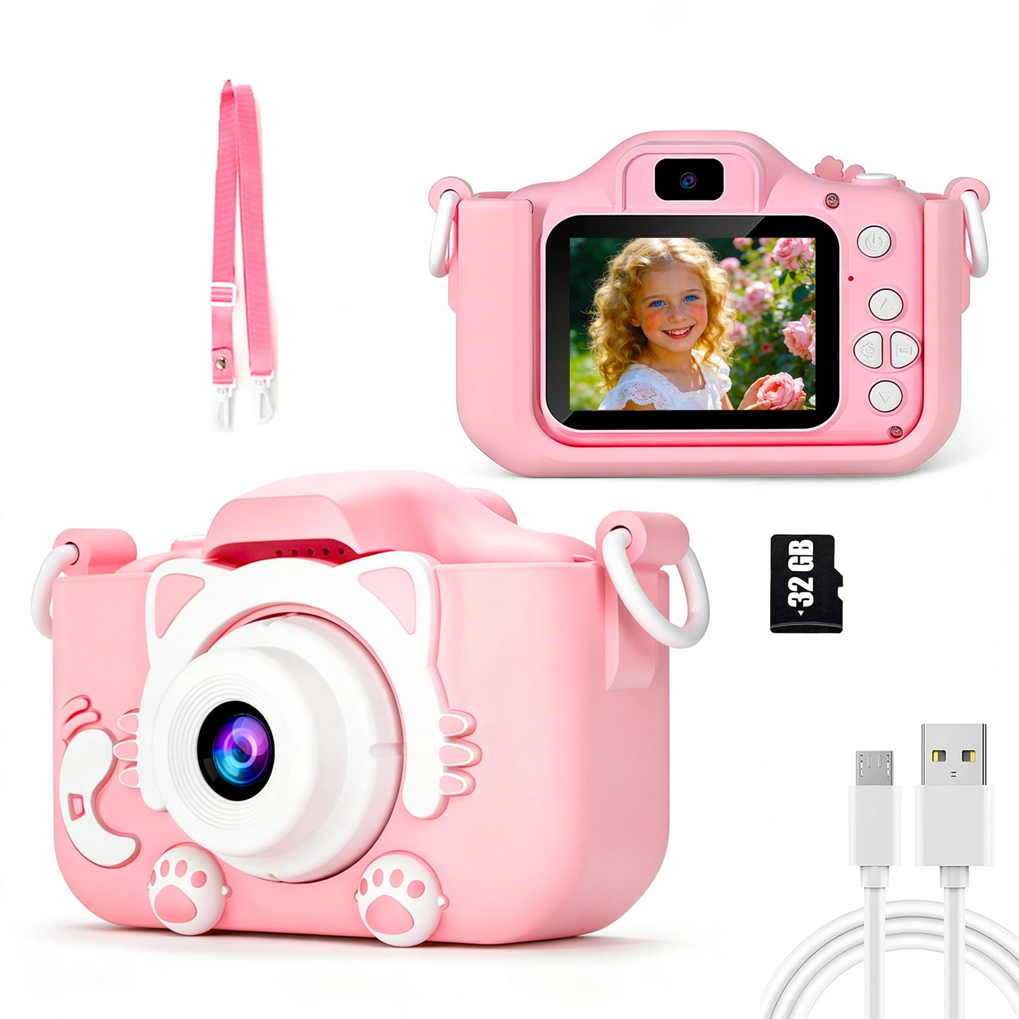 Kids Camera 1080P Video Mini Digital Camera Educational Toy Cameras With 32G Card Silicone Case for Girls Festival Birthday Gift Peaceful Pleasures Health and Wellness Pinkcat 32G Card