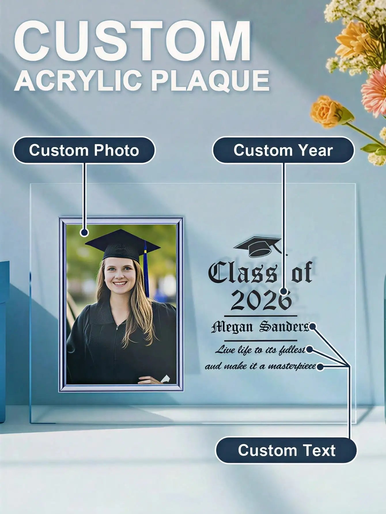 Custom Photo Acrylic Plaque Personalized Name Text Sign Graduation Gift Custom Portrait Frame Room Decor Gift for Her Him Peaceful Pleasures Health and Wellness