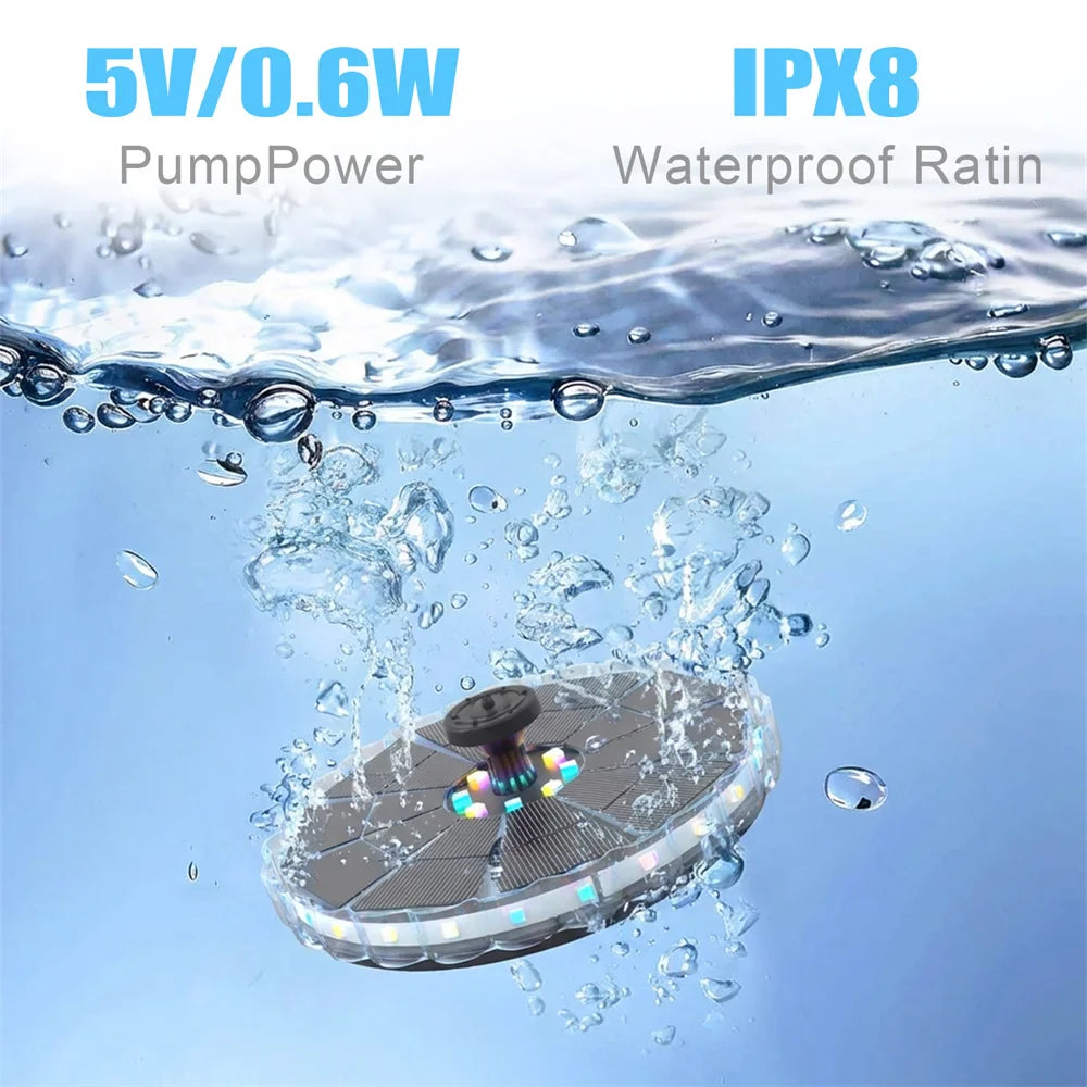 3.5W Solar Fountain Pump – LED Lights, 8 Nozzles, 1800mAh