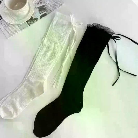 Women's Mesh Ballet Slouch Socks with Bow Lace | Calf Length Women's Fashion Socks Oasis Select