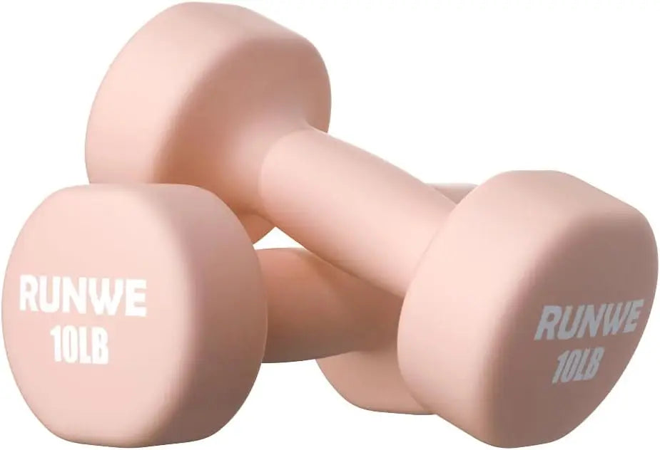 Pair of pink dumbbells with 'RUNWE' branding on a white background