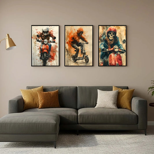 Watercolor Skeleton Scooter Canvas Wall Art | Modern Poster Canvas Wall Art Peaceful Pleasures Health and Wellness