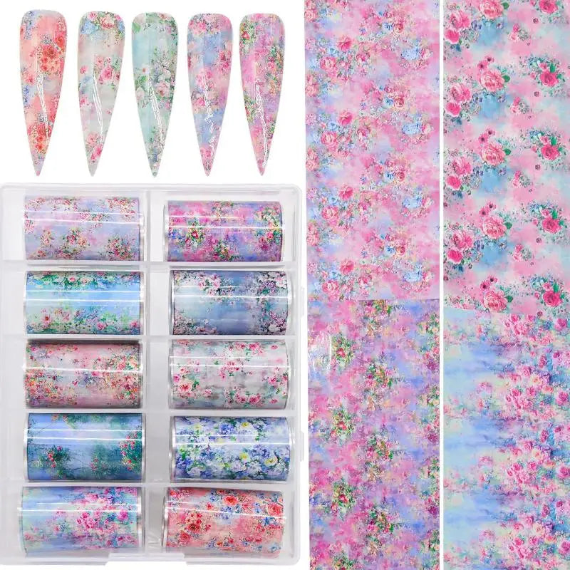 10Rolls Mixed Nail Art Foils Transfer Sticker Set Rose Flower Designs Floral Starry Sky Nail Wraps Wedding Summer Manicure Decor Peaceful Pleasures Health and Wellness