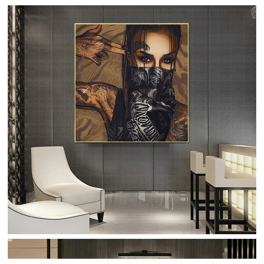 Oil Painting Posters and Prints on Canvas Wall Art Picture for Living Room Cuadros Home Decor Wearing Mask Tattoo Girl Portrait Peaceful Pleasures Health and Wellness