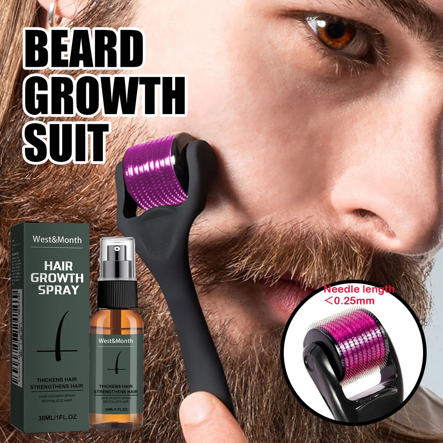 Men's Beard Growth Spray Kit with 0.25mm Micro Roller – 30ml Peaceful Pleasures Health and Wellness
