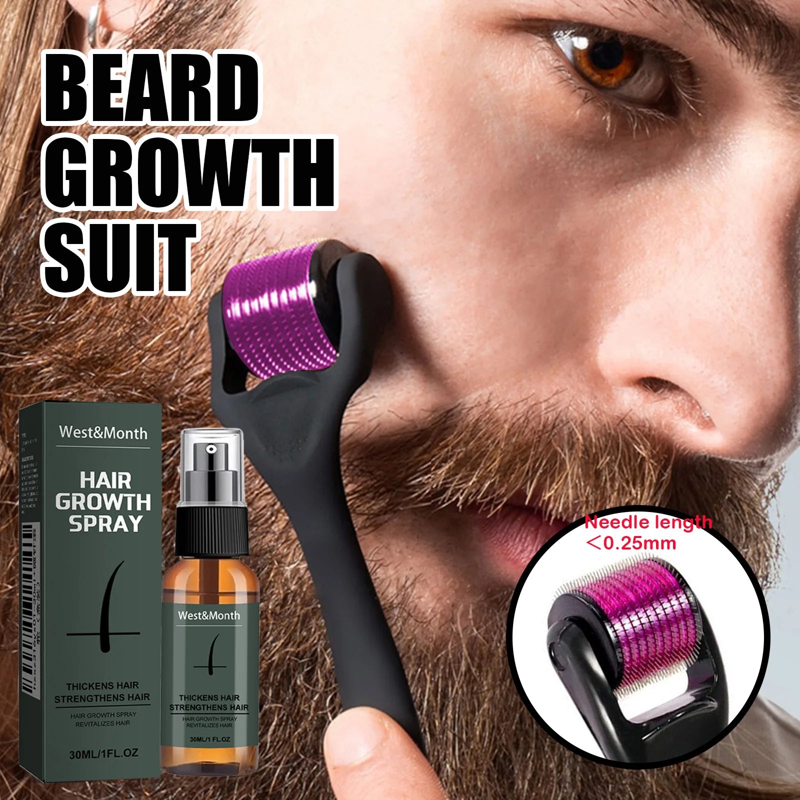Men's Beard Growth Spray Kit with 0.25mm Micro Roller – 30ml Peaceful Pleasures Health and Wellness