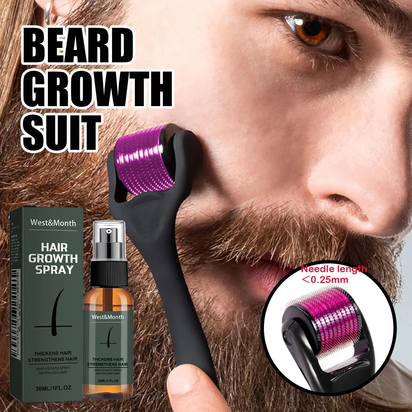 Men's Beard Growth Spray Kit & 0.25mm Micro Roller – 30ml