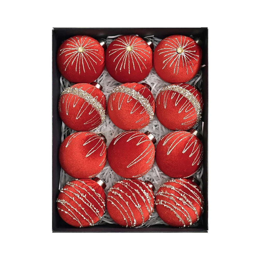 12-Piece Flocked Velvet Christmas Ball Ornaments | 8cm Set