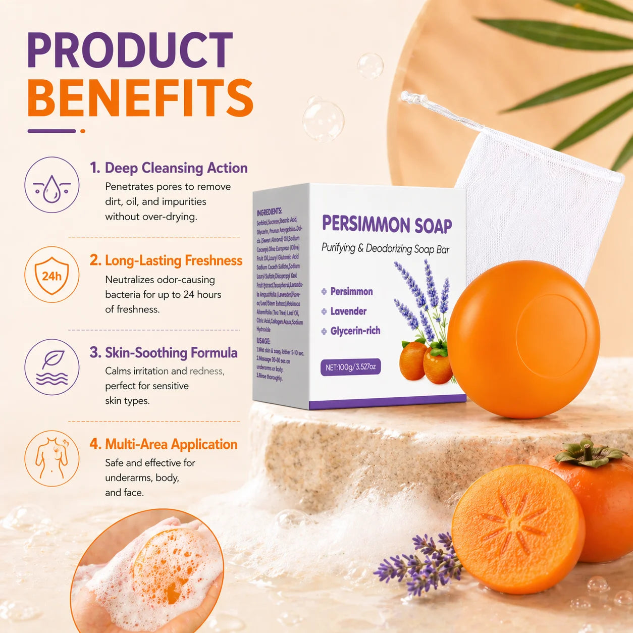 Persimmon Soap Bar for body odor control, Japanese Persimmon & Lavender Extract For Unisex, Purifying & Deodorizing Soap, 100g Peaceful Pleasures Health and Wellness