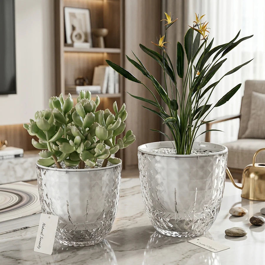 Self-Watering Plant Pots with Reservoir – Double Layer Clear Planter for African Violets & Indoor Plants