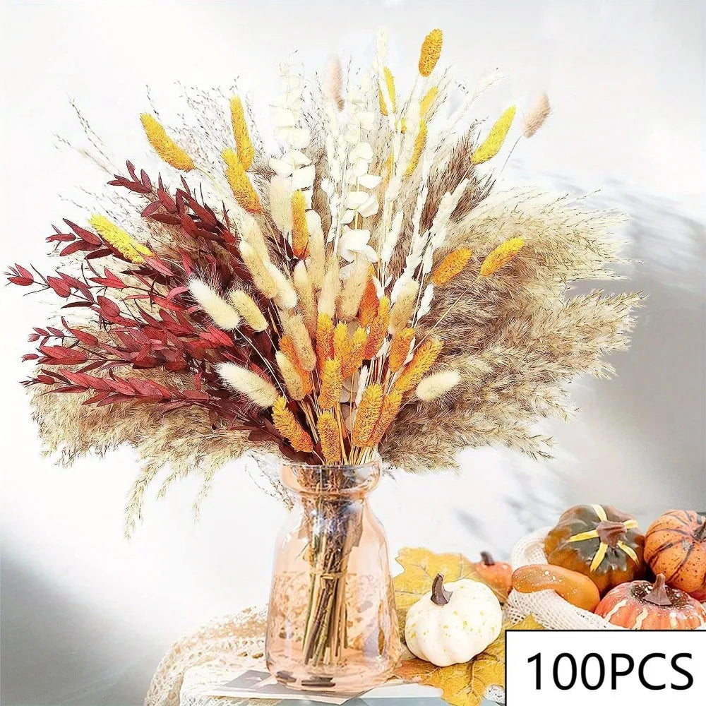 100pcs Dried Pampas Grass Bouquet | Boho Wedding & Home Decor