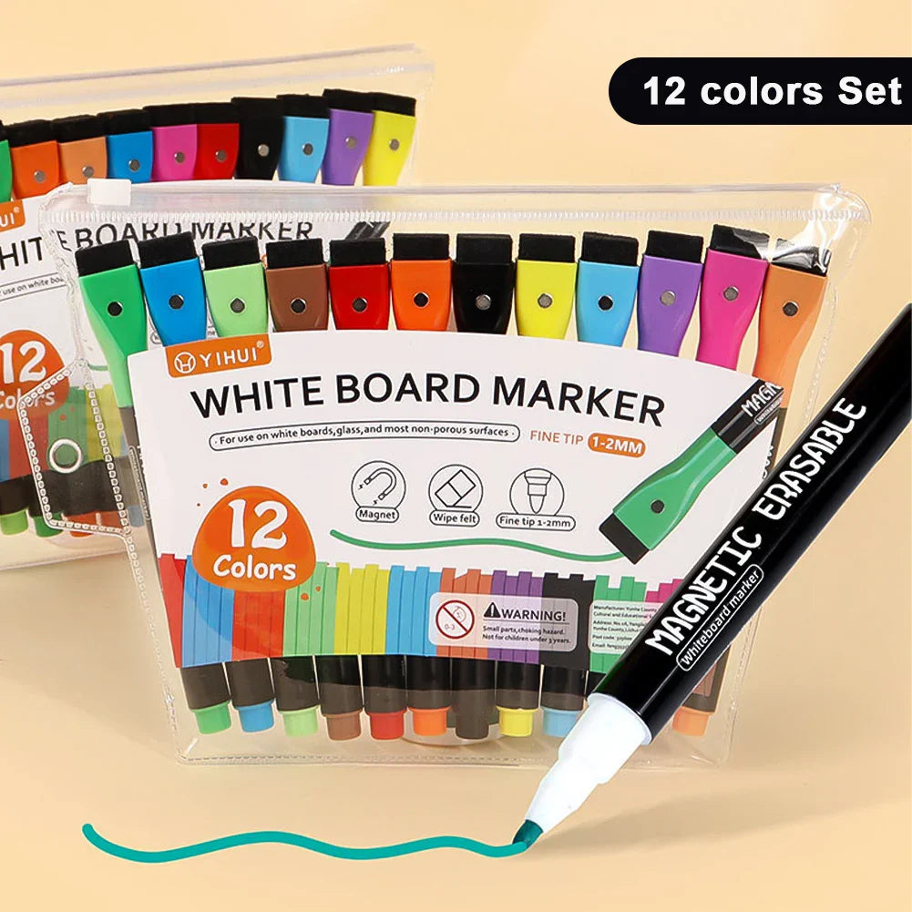 Erasable Magnetic Whiteboard Markers with Built-In Eraser | 12 Colors