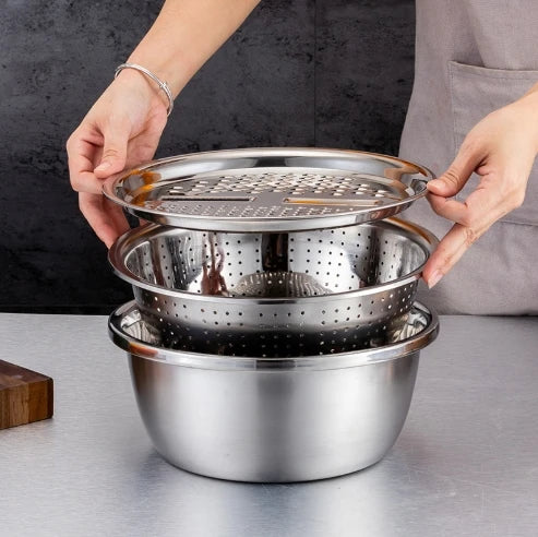 3-Piece Stainless Steel Multifunctional Strainer and Mixing Bowl for Washing and Slicing Fruits Vegetables Essential for Kitchen Peaceful Pleasures Health and Wellness silvery 26cm