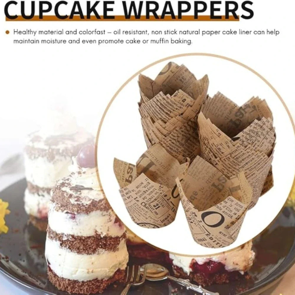 50pcs Newspaper Style Tulip Cupcake Liners | Baking Cups