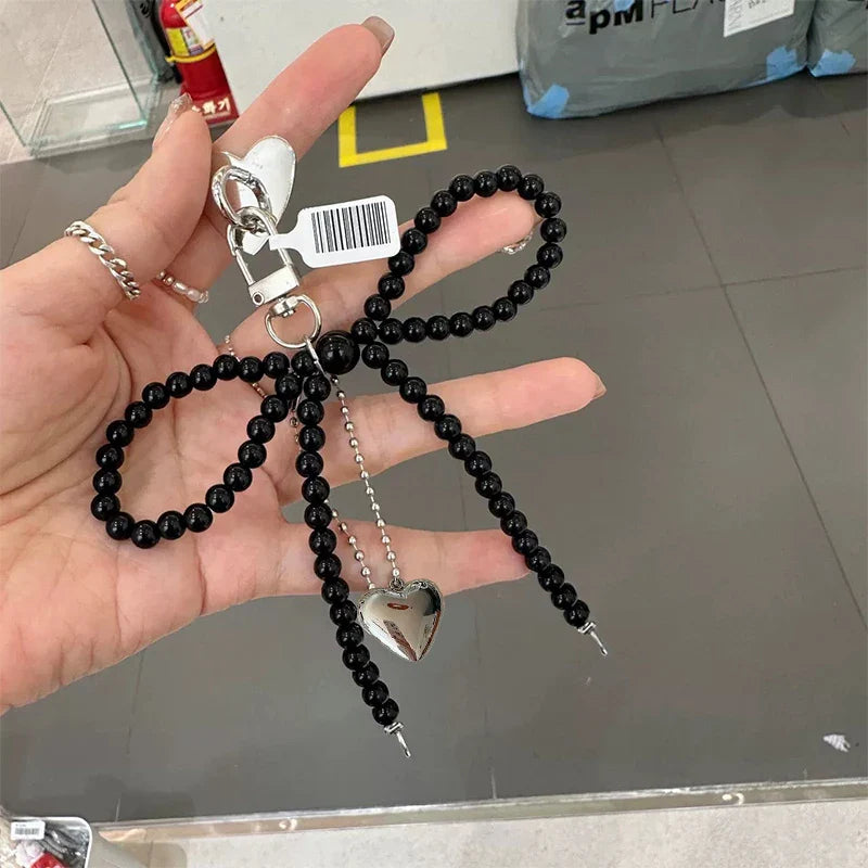 Handmade Pearl Bow Heart Keychain – Beaded Bag & Phone Charm