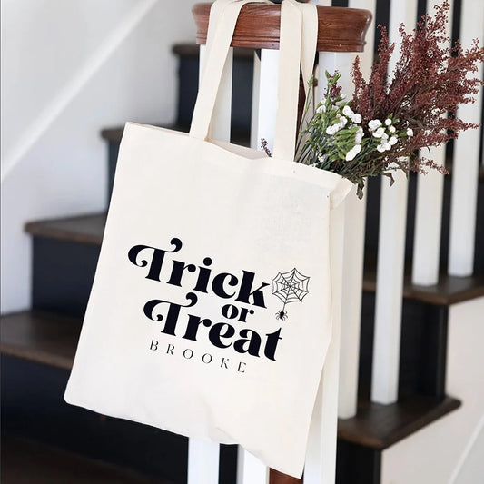 Personalized Name Trick or Treat Favor Bag Spider Web Halloween Decoration Treat Candy Bag Gothic Bachelorette Party Gifts Peaceful Pleasures Health and Wellness