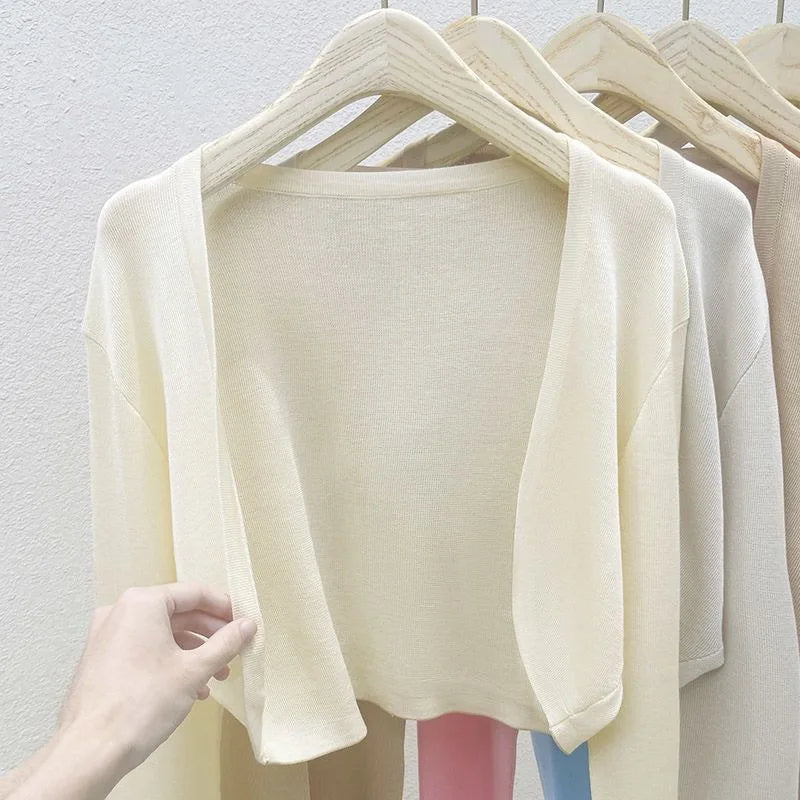 Women's Ice Silk Knit Cardigan – Open Front Crop Shrug Cover Up