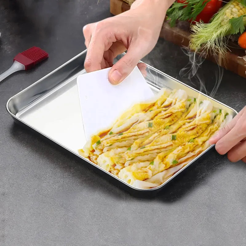 1pc/2pcs New household 304 stainless steel vermicelli plate thickened rectangular flat bottom Liangpi plate barbecue plate Peaceful Pleasures Health and Wellness