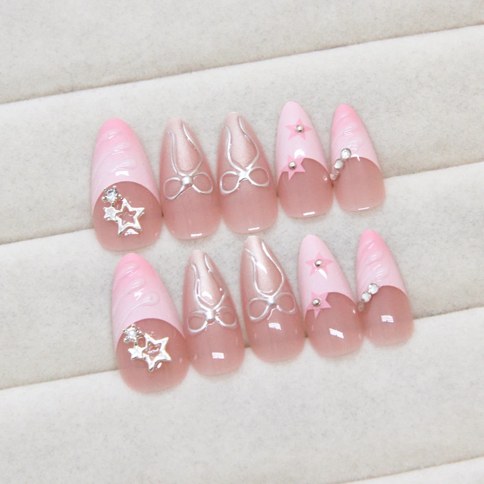 24pcs Ins Pink French Fake Nails 3D Sweet Bow Decor Press on Nails Full Cover Y2k Diamond Star Almond Head False Nail Patches Peaceful Pleasures Health and Wellness 2