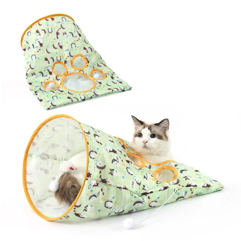 Foldable Cat Tunnel Toy – Crinkle Paper, Plush Balls & Mouse