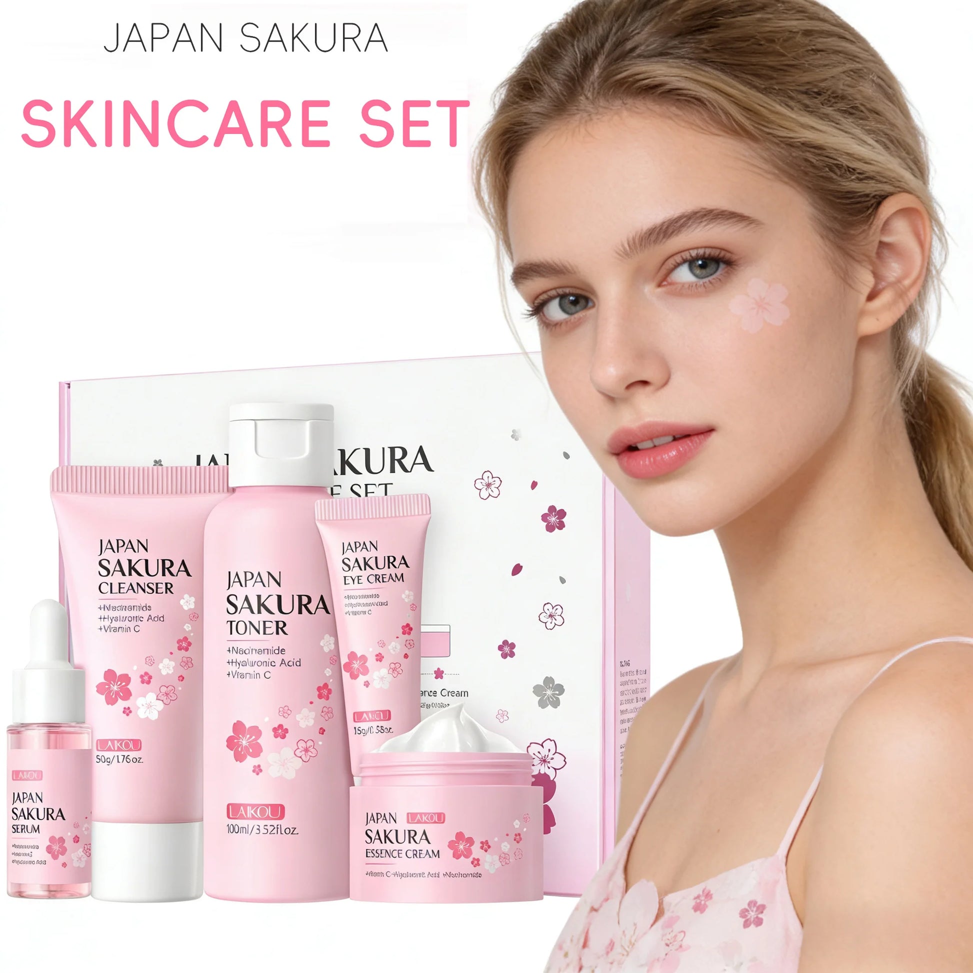 LAIKOU Sakura 5pcs Skin Care Kit Cleanser Toner Serum Eye Cream Essence Cream Moisturizing Beauty Gift Box For Women ﻿ Peaceful Pleasures Health and Wellness Default Title