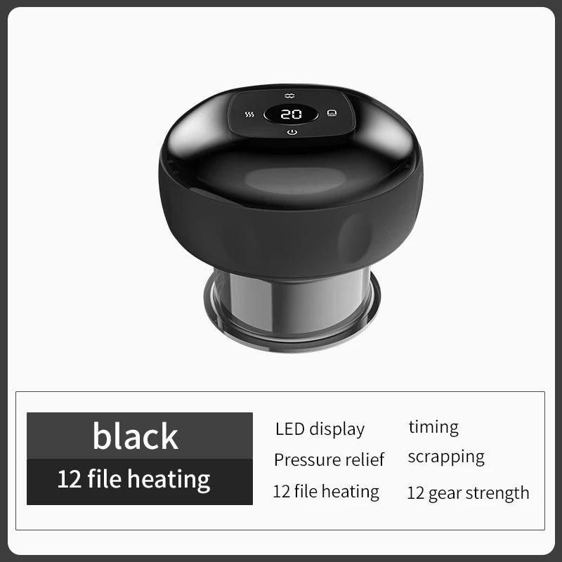 Smart Vacuum Cupper Body Cupping Scraping Massager Electric Heated Suction Cup Device Back Neck Arm Massager Relieve Fatigue Peaceful Pleasures Health and Wellness 12 Levels Black