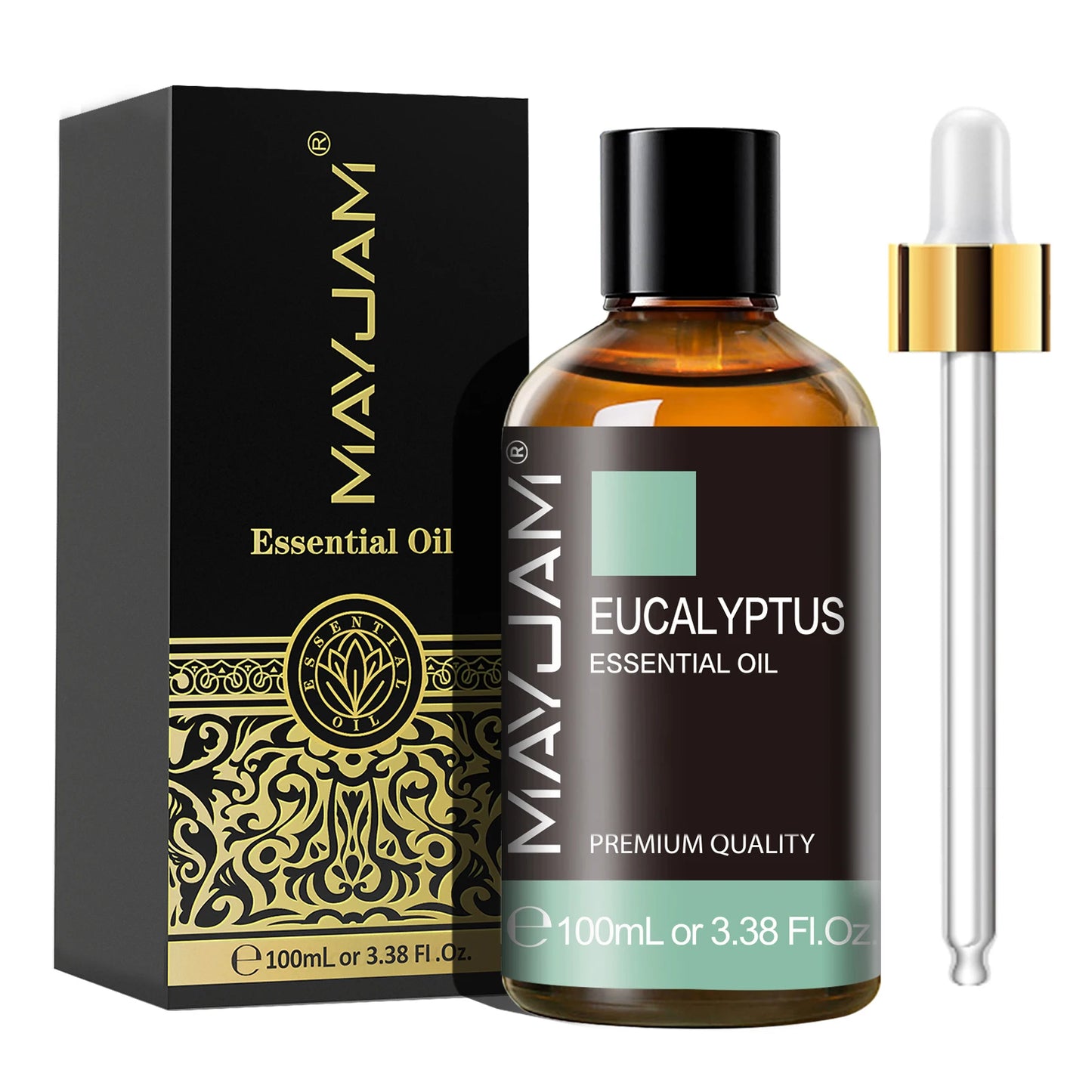 MayJam Eucalyptus essential oil bottle with dropper and packaging on a white background