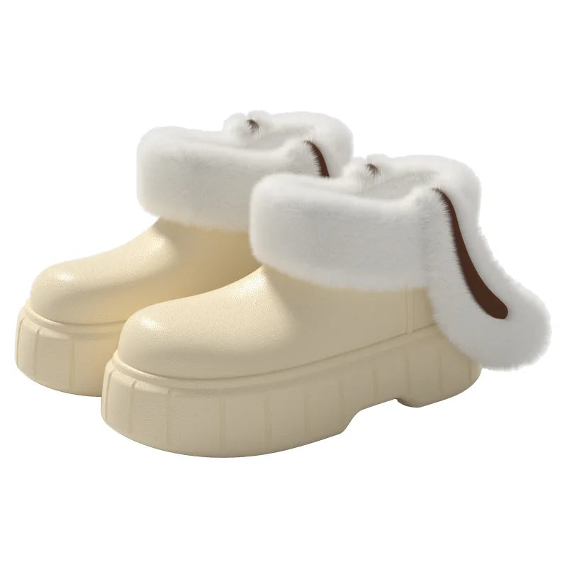 New EVA Removable Washable Rabbit Ear Cotton Shoes with Plush Waterproof Cotton Slippers for Women's Winter Outerwear Thick Sole Peaceful Pleasures Health and Wellness 38-39 Beige