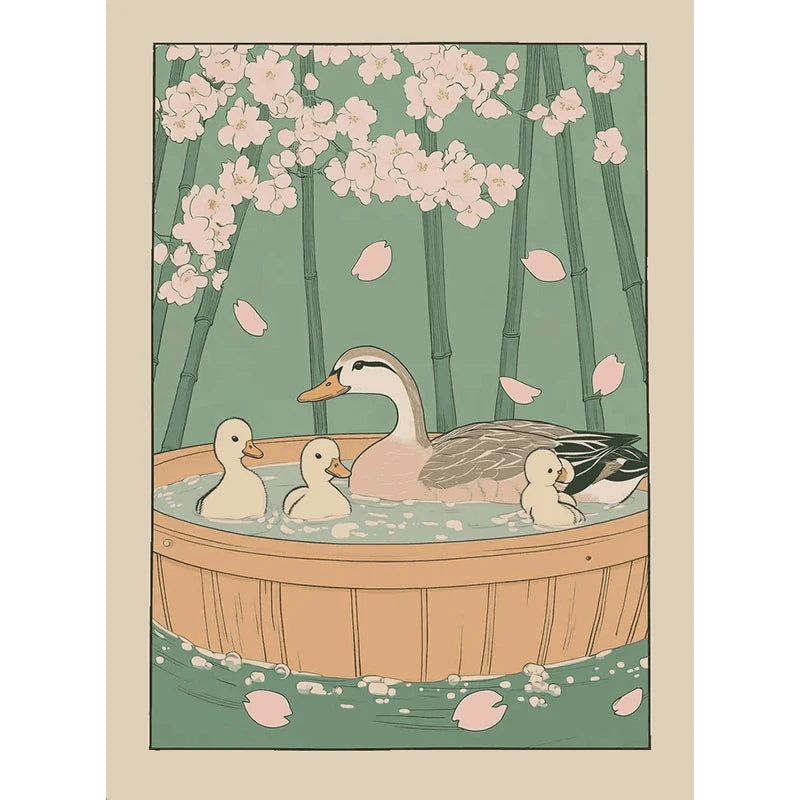 Japanese Cute Animals Bathtub Canvas Wall Art | Bathroom Decor