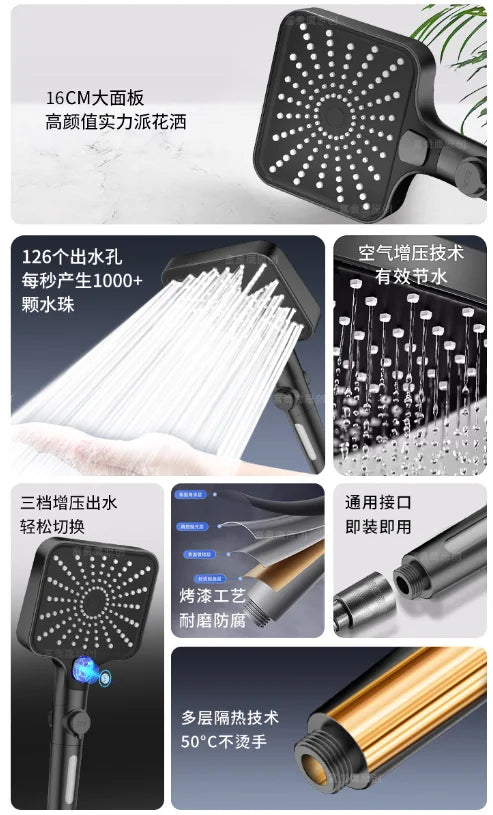 16CM High-Pressure Rainfall Shower Head | 3 Modes Water Saving