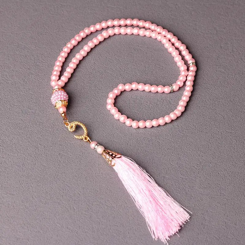 Islamic Prayer Beads 99Pcs 6MM Glass Pearls Rosary Necklace with Tassel for Muslim Spiritual Practice and Gifts Peaceful Pleasures Health and Wellness Pink