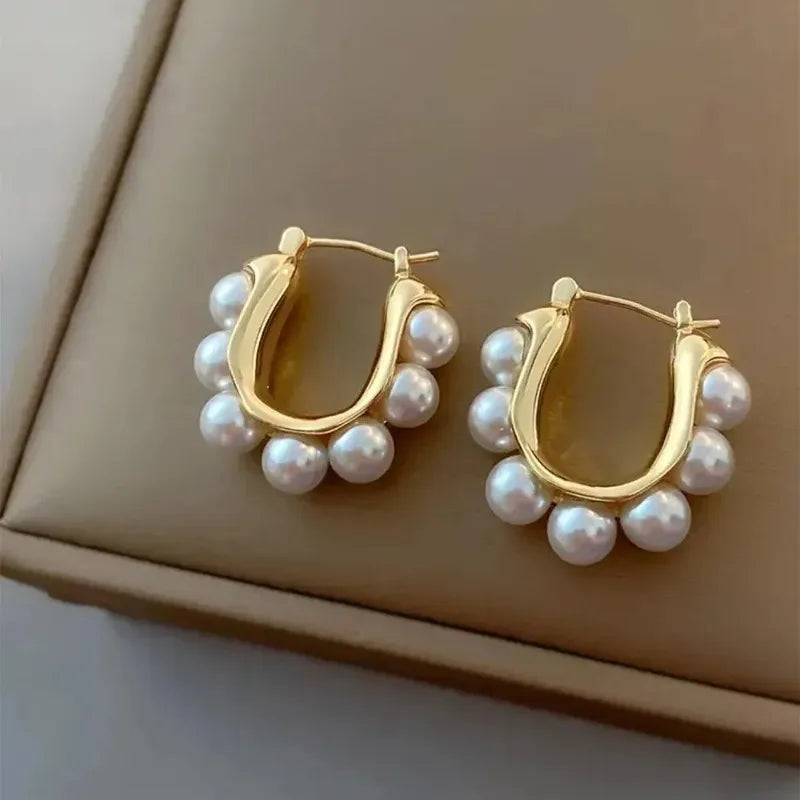 Gold Pearl U-Shaped Hoop Earrings for Women | Wedding Party