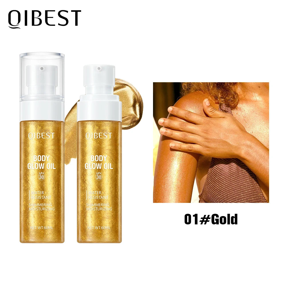 QIBEST Liquid Shimmer Body Highlighter Oil Makeup Glitter Spray Oil Lotion Full Body And Face Glow-Up Liquid Lotion Highlighter Peaceful Pleasures Health and Wellness 01 Gold