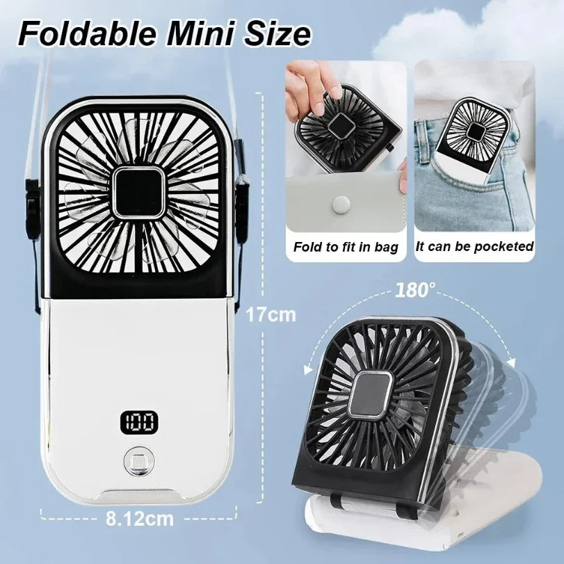 Foldable Neck Fan USB Rechargeable Power Bank & Digital Display