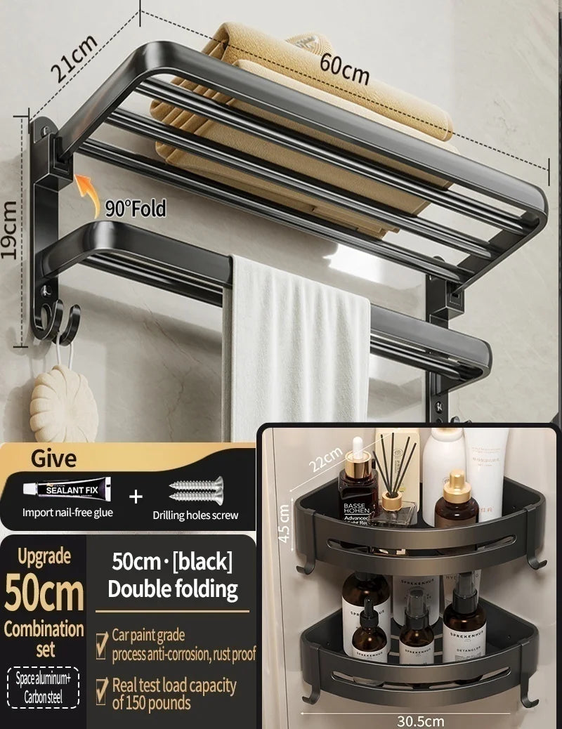 No-Drill Wall Mounted Bathroom Hardware Set | Towel Rack & Hook