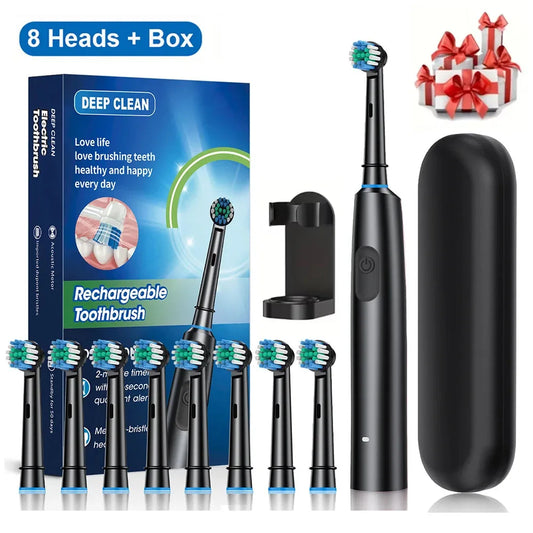 Electric Toothbrush Rotary Rechargeable Electric Toothbrush for Adults Rotating Electric Toothbrushes with 8 Soft Brush Heads Peaceful Pleasures Health and Wellness Black 8 Heads Box