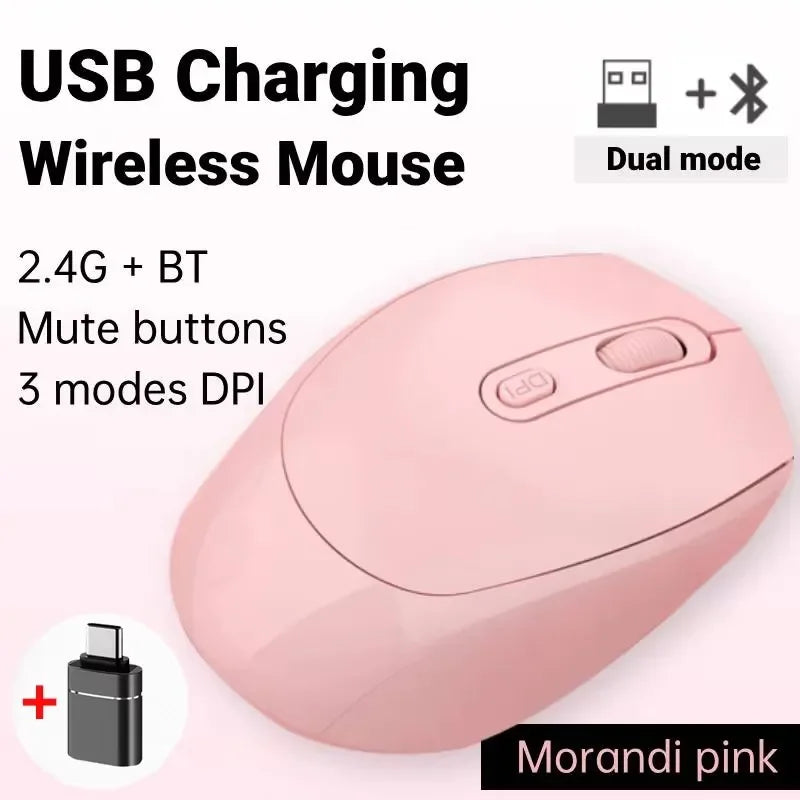 Wireless Mouse Rechargeable Gamer Mouse Dual Modes Bluetooth-compatible 2.4G USB Mute Mice For Laptop Pad Tablet Macbook Mause Peaceful Pleasures Health and Wellness Pink with OTG