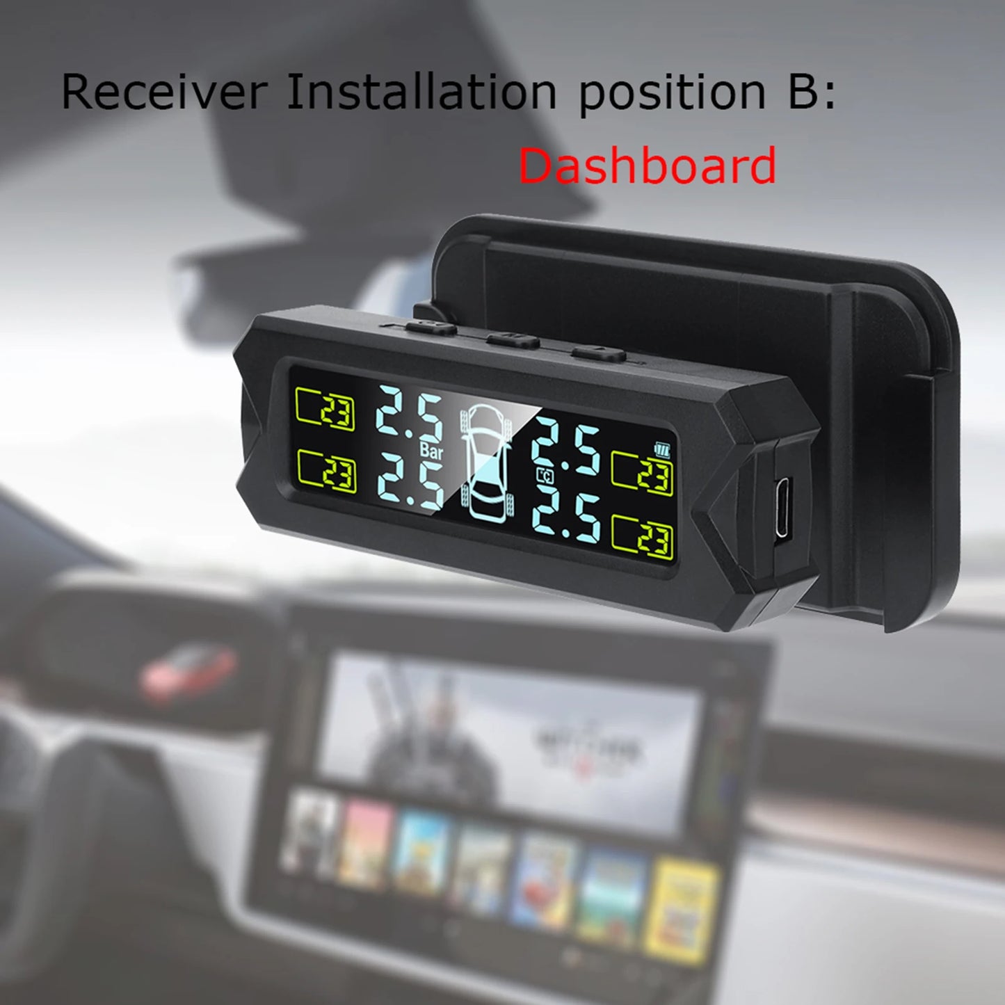 Solar Wireless TPMS – 4 Sensors, 5 Alarms, LCD Display