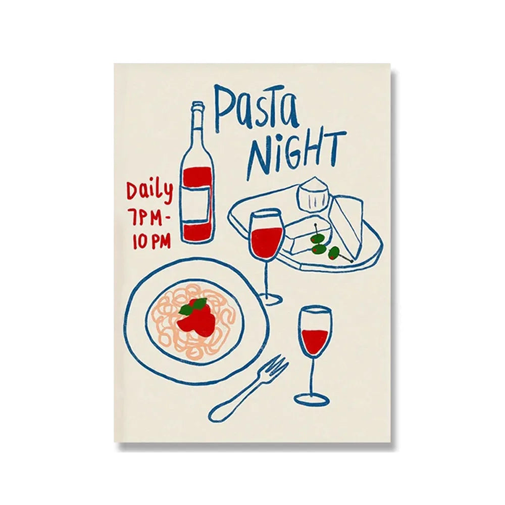 Wine & Cheese Noodles Wall Art Canvas Painting Modern Aesthetic Posters Prints Art for Dorm Kitchen Bar Club Home Decor Unframed Peaceful Pleasures Health and Wellness MD0434 30x40cm Unframed
